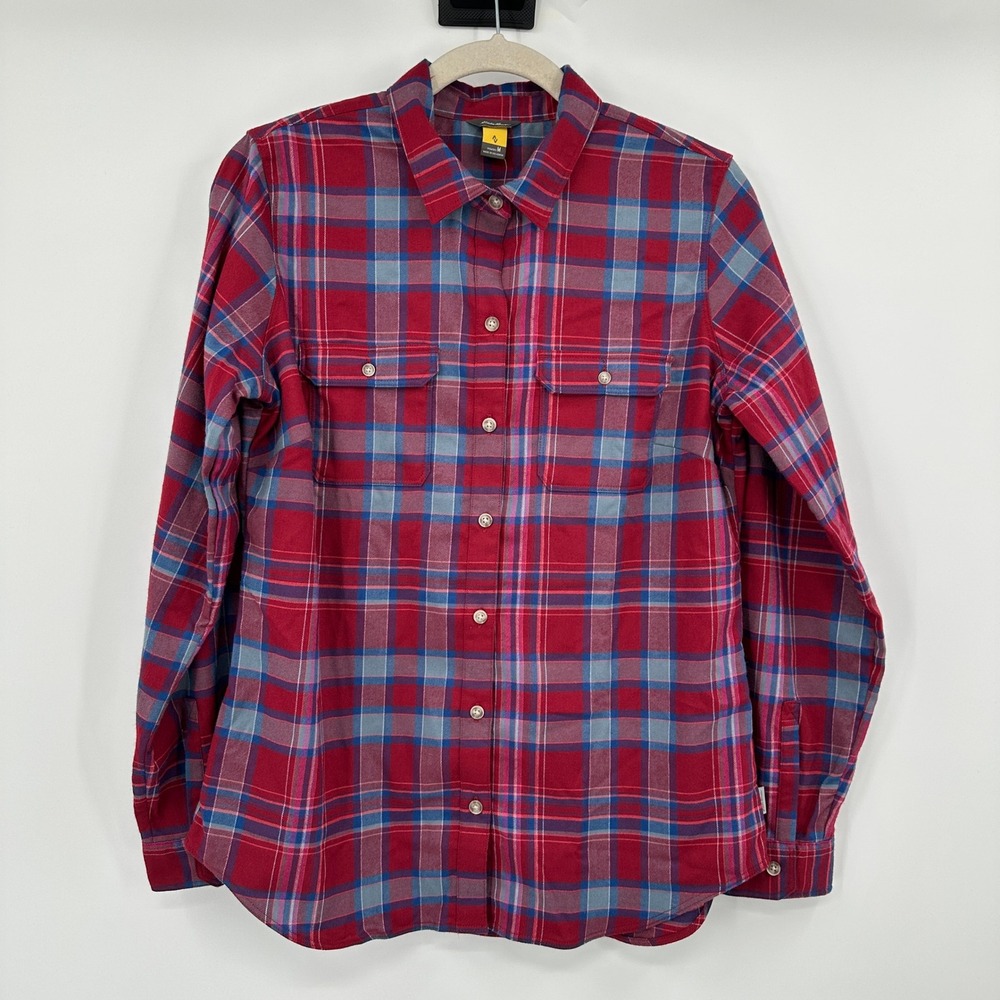NWT Eddie Bauer Women's Flannel Shirt Medium Red Blue Plaid Flex Performance